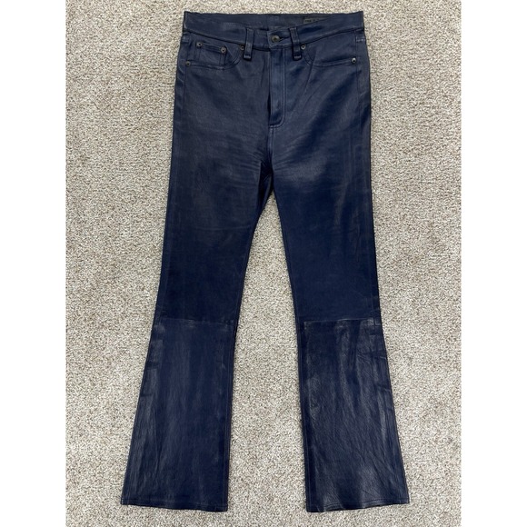 Rag & Bone Jeans Women's Size 27 Blue High Rise Flare Cropped Navy Leather EUC‎ - Picture 1 of 12